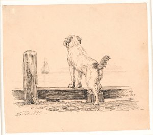 Hunden på stranden. Illustration till Kaalunds "Fabler för barn". Se kommentar från arkkatalog. av Johan Thomas Lundbye
