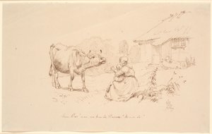 Kom Bos!. Utanför en bostad sitter en kvinna med ett barn och sträcker sig mot en ko av Johan Thomas Lundbye