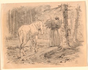 Hustrun och hästen. Illustration till Kaalunds "Fabler för barn". Se kommentar från arkkatalog. av Johan Thomas Lundbye