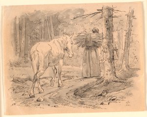 Hustrun och hästen. Illustration till Kaalunds "Fabler för barn". Se kommentar från arkkatalog. av Johan Thomas Lundbye