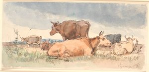 Landskap med tre liggande och tre stående kor