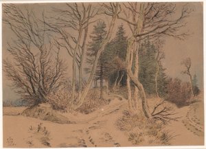 Snötäckta vägar mellan granar och kala träd av Johan Thomas Lundbye