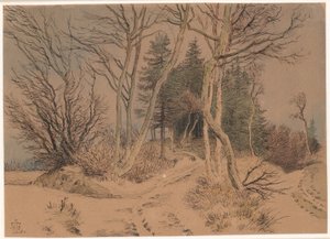 Snötäckta vägar mellan granar och kala träd av Johan Thomas Lundbye