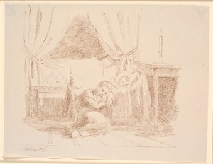 Sovrumsinredning med en liten flicka som sitter på golvet och sover, lutad mot en vagga med ett sovande barn av Johan Thomas Lundbye