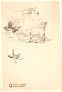 Storken och grisen. Nedan studie av skadan och en bit verktyg. Illustration till Kaalunds "Fabler för barn". Se kommentar från arkkatalog. av Johan Thomas Lundbye
