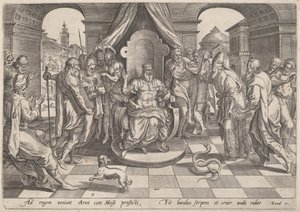 Mose och Aron inför farao av Johan Wierix, after Maarten van Cleef
