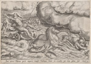 Korsningen av Röda havet av Johan Wierix, after Maarten van Cleef