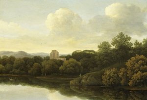 Skogbevuxen landskap med flod av Johan de Lagoor (attributed to)