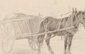 En vagn tecknad av en brun häst nära en lampstolpe, Verso: En grupp beridna officerare, ca. 1815.