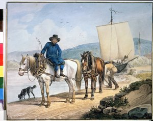 ""En häst och vagn vid floden"". Hästar längs en flod som bogserar en båt eller används för att lossa gods på en dragbana". Målning av Johann Adam Klein (1792-1875)