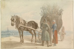 Österrikiska bönder med häst och vagn, med utsikt över Wien i fjärran av Johann Adam Klein
