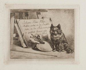 Sittande hund vid målarens verktyg och portföljen med konstnärens adress av Johann Adam Klein