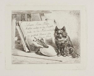 Sittande hund vid målarens verktyg och portföljen med konstnärens adress av Johann Adam Klein