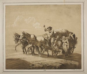 Ungersk bonde kör en vagn med tunnor av Johann Adam Klein