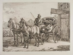 Två hästar spända för en förstklassig vagn av Johann Adam Klein