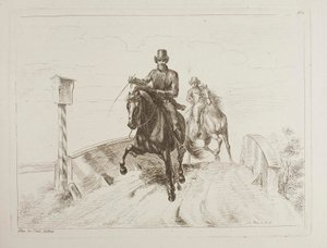 Två ryttare i galopp på en bro av Johann Adam Klein