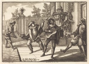 Scaramouche distraherar Pantalon av Johann Balthasar Probst after Johann Jacob Schübler