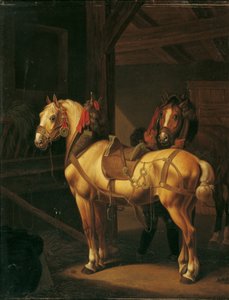 Två draghästar i stallet av Johann Baptist Michael Dallinger von Dalling