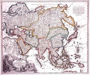Mindre Asien, Arabien och Japan, ca 1725 (färgad gravyr)