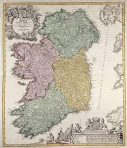 Karta över Irland som visar provinserna Ulster, Munster, Connaught och Leinster, av Johann B. Homann, ca 1730 (handfärgad gravyr)