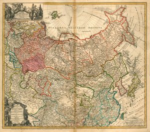 Karta över Ryssland (Från: Karta över det ryska imperiet och Tartary till hela Mindre Asien och Europa) - Homann, Johann Baptist (1663-1724) - 1738 - Kopparstick, akvarell - Privat samling