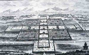 Perspektivvy av det kejserliga palatset, Peking, Kina, från 