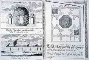 Plan, höjd och tvärsnitt av Imperial Baths, Budapest, Ungern, från "Blueprint of a historical architecture"