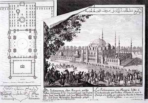 Plan och utsikt över Suleymaniye-moskén, Istanbul, från "Design av en historisk arkitektur", graverad av Johann Adam Delsenbach