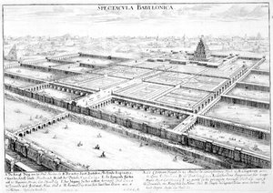 Vy över det antika Babylon som visar de hängande trädgårdarna och Jupiter Belus tempel, plåt 3 från 