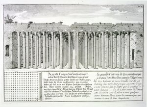 Cistern under Hippodromen, Konstantinopel, Turkiet, från "Entwurf einer historiska arkitektur", 1721 av Johann Bernhard Fischer von Erlach