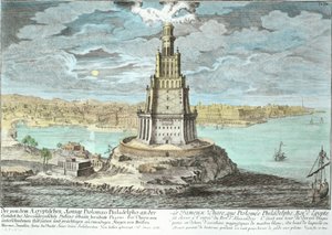 Fyren i Alexandria, byggd av Ptolemaios den store (36-efter 30 f.Kr.), Egypten, från Entwurf einer historischen Architektur, graverad av Johann Adam Delsenbach (1687-1765) 1721 (senare färg