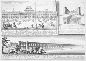 Det kungliga palatset i Isfahan, ett tvärsnitt av Alyverdy-Chan Isfahan-bron och en utsikt över Alyverdy-Chan Isfahan-bron, från Entwurf einer historischen Architektur, graverad av Johann Adam De av Johann Bernhard Fischer von Erlach