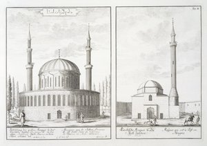 Utsikt över en moské i Bursa och en moské i Ungern, från "Blueprint of a Historic Architecture", 1721 av Johann Bernhard Fischer von Erlach