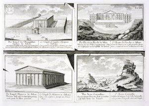 Utsikt över fyra klassiska byggnader: Zeus tempel, Dionysos teater i Aten, Athenatemplet i Aten och ett tempel i Korinth, från Entwurf einer historischen Architektur, av Johann Bernhard Fischer von Erlach