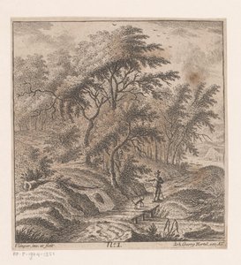 Man med en hund som går längs en skogsbryn av Johann Caspar Ulinger