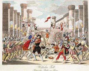 Historisk balett av Henrik, scen ur "William Tell" av Gioachino Rossini, graverad av Geiger (färggravyr) av Johann Christian (after) Schoeller