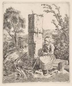En gammal dam som sitter nära en pelare vid Side of Road, 1819. av Johann Christian Erhard