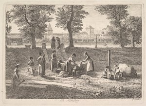 Utomhusscen för kvinnor i inhemska aktiviteter i Nurnberg, 1800-talet. av Johann Christian Erhard