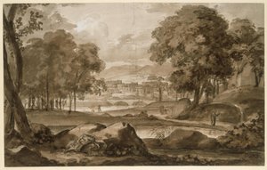Stort skogslandskap med antik stad och figurativa inslag