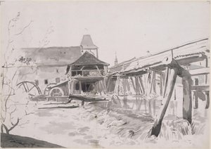 Träbro med dammbyggnad och vattenkvarn av Johann Christian Reinhart