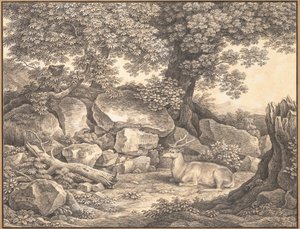 Italienskt landskap med träd, klippor och en vilande hjort av Johann Christian Reinhart