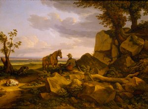 Italienskt landskap med vilande jägare, självporträtt av Johann Christian Reinhart