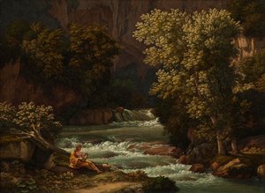Vy över Ponte Lupo nära Tivoli, med en person som spelar lyra i förgrunden av Johann Christian Reinhart