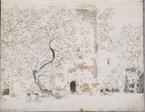Två tecknare framför ett slott bakom träd: på Maienlust nära Wasungen av Johann Christian Reinhart