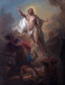 Kristus reser sig ur graven och romerska soldater som flyr (olja ombord) av Johann Christian Thomas (attr.to) Winck
