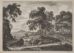 Panoramautsikt över flodlandskap med resenärer, 1734.