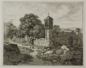 Farmer Greeting a Roadside Shrine of the Madonna, tallrik ett från The Two Large Landscapes with the Prayer Pillars