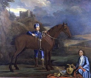 Porträtt av en kapplöpningshäst och jockey, ca 1690 (olja på duk) av Johann Closterman