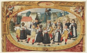 Miniatyr av en barnlek: barn som dansar runt tuppen av Johann Daniel Schmied