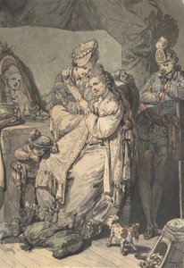 En kvinna vid hennes toalett med en piga, en pojke, en hund och en ung soldat, tergo: A Sketch..., 1770.